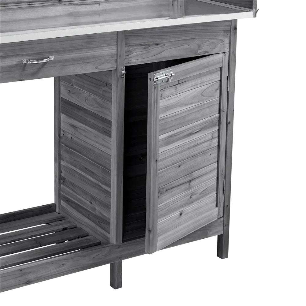 Renwick Outdoor Garden Potting Bench W/Cabinet Drawer Open Shelf, Gray