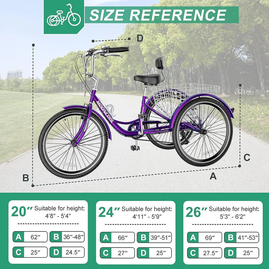 MOONCOOL Adult Tricycles with Rear Basket & Inflator, 24 26 inch 7 Speed 3 Wheel Bikes, Three-Wheeled Bicycles Adult Trike with Backrest for Seniors, Women, Men