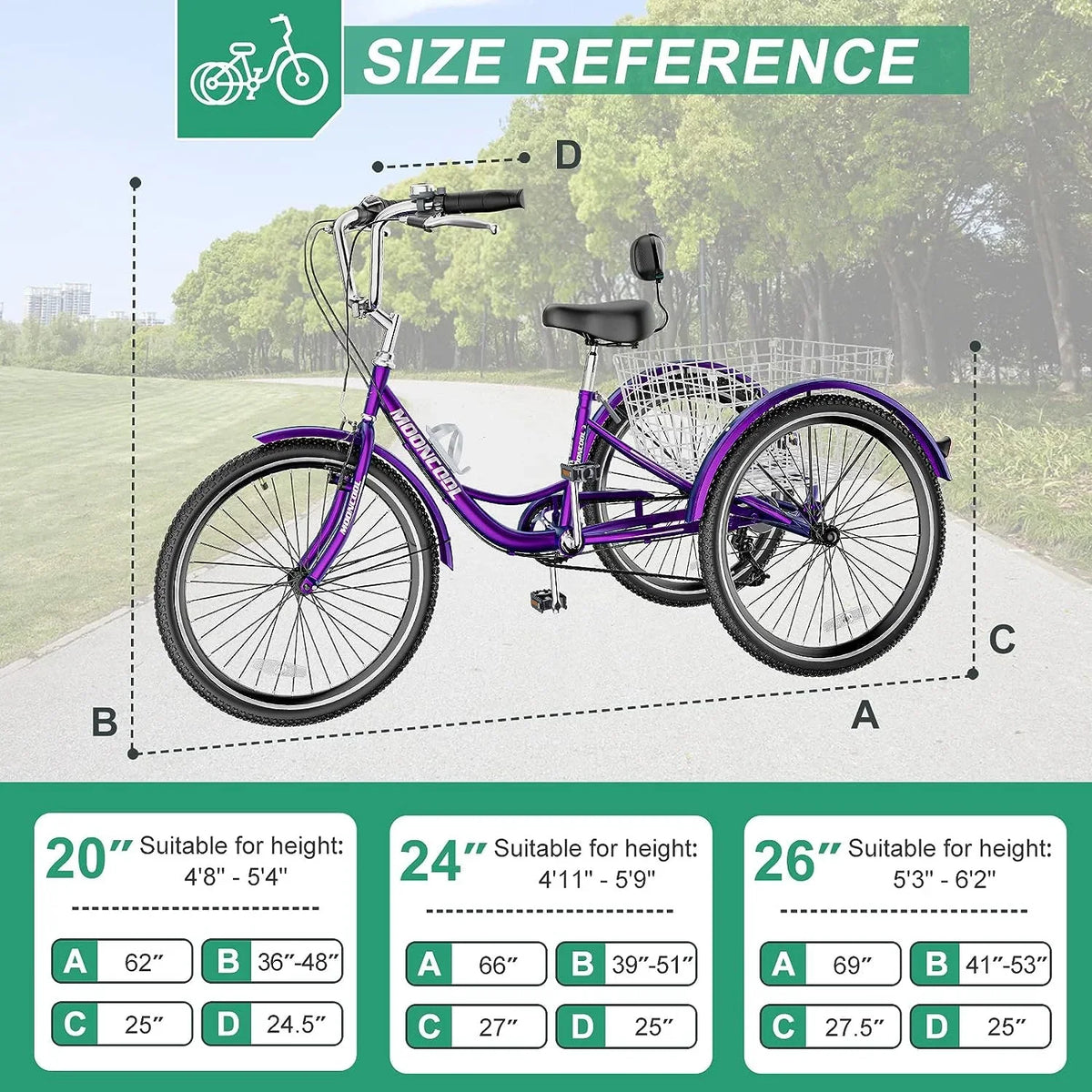 MOONCOOL Adult Tricycles with Rear Basket & Inflator, 24 26 inch 7 Speed 3 Wheel Bikes, Three-Wheeled Bicycles Adult Trike with Backrest for Seniors, Women, Men