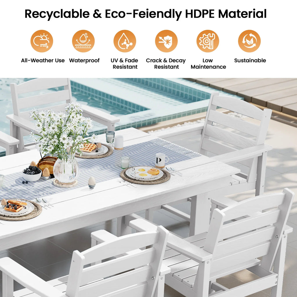 KINGYES 7-Piece Outdoor Dining Set, HDPE Patio Table and Chairs with Umbrella Hole, Gray