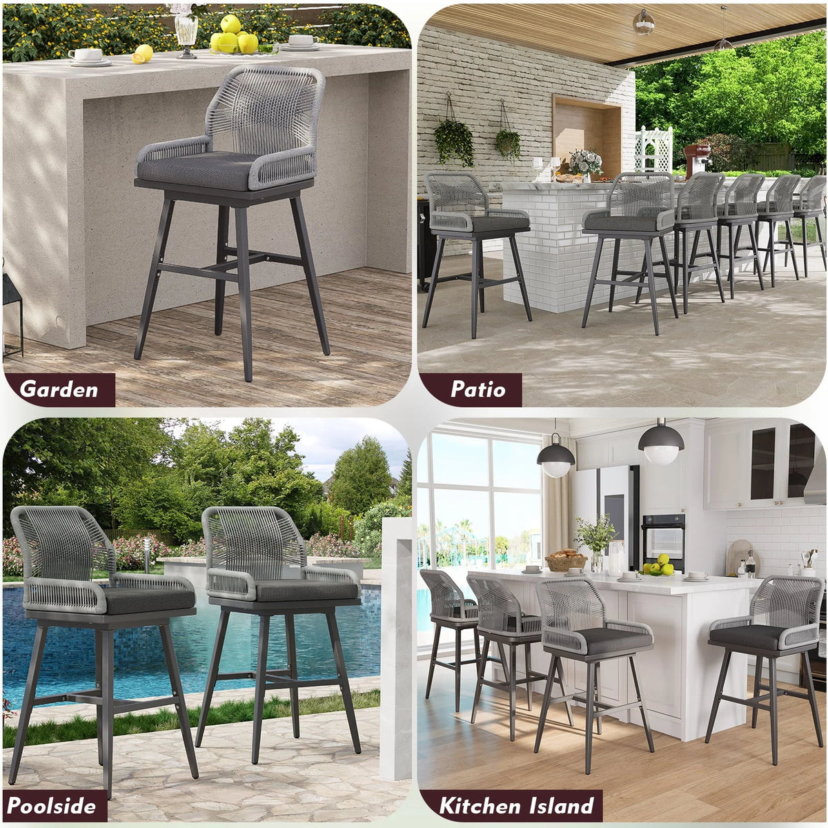 MEISSALIVVE Set of 2 Rattan Swivel Bar Stools, 26" Counter Height with Woven Rope Back, Cushioned Patio Bar Chairs for Kitchen, Garden, Beige