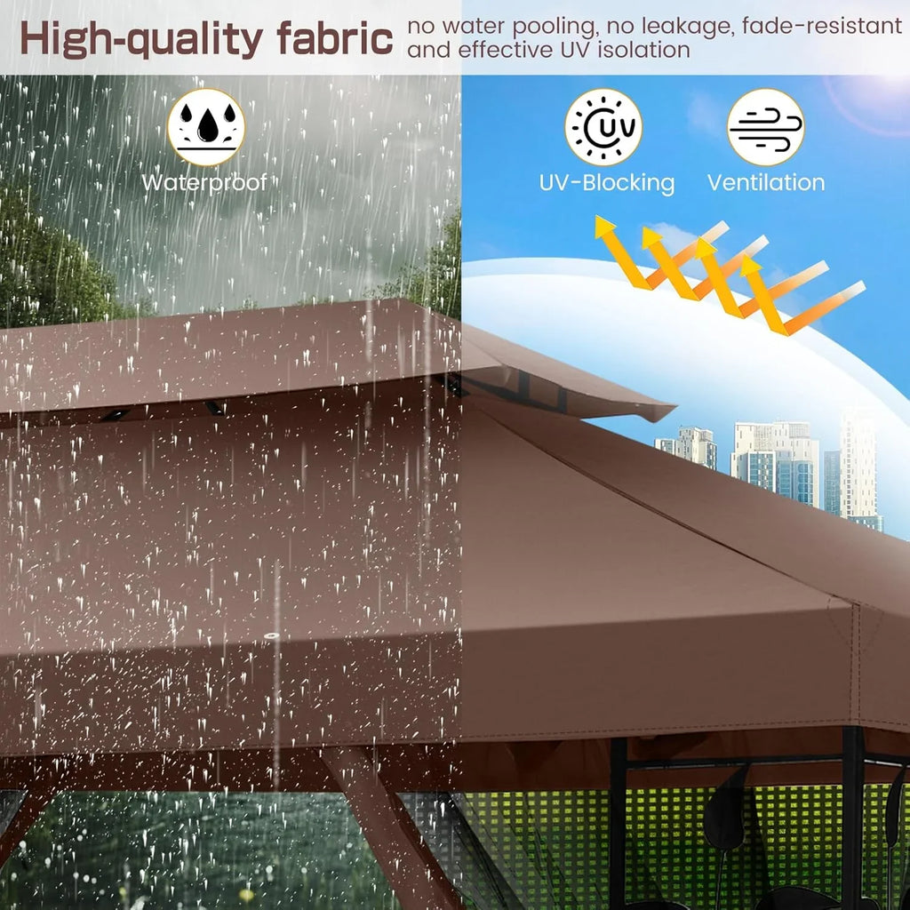 COBIZI 10' x 13' Pop Up Gazebo, Screened Patio Gazebo, Outdoor Steel Double Roof Canopy Tent, Metal Frame Canopy with Mosquito Netting, Sunshade for Garden, Lawns, Gray