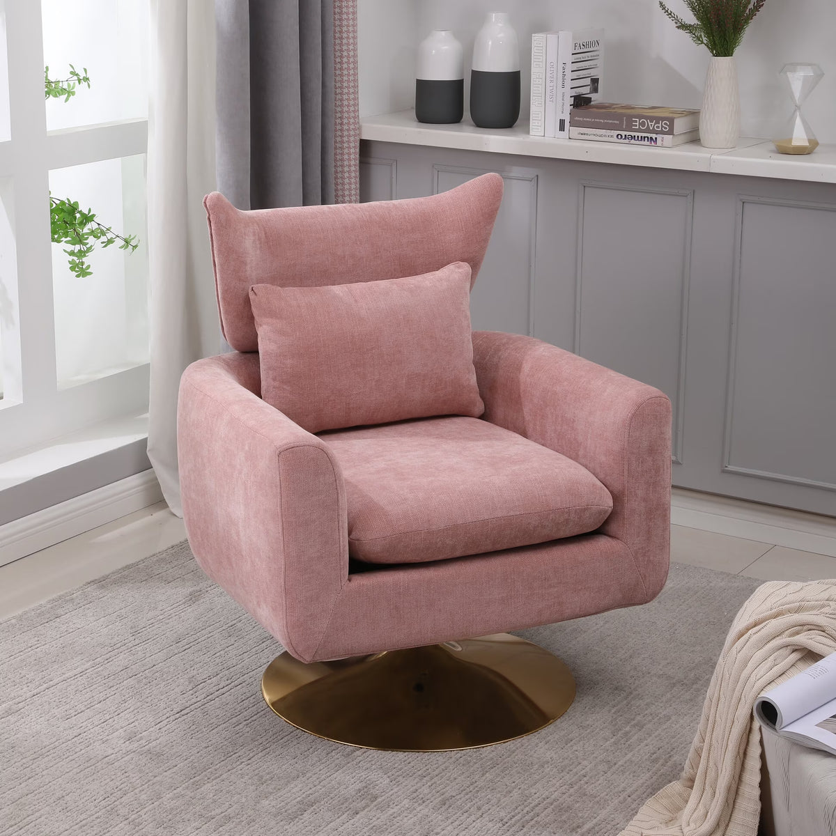 Swivel Accent Chair, Mid Century Modern 360 Degree Comfy Armchair with Wraparound Backrest, Linen Upholstered Single Sofa Chair for Living Room, Bedroom, Office, Orange