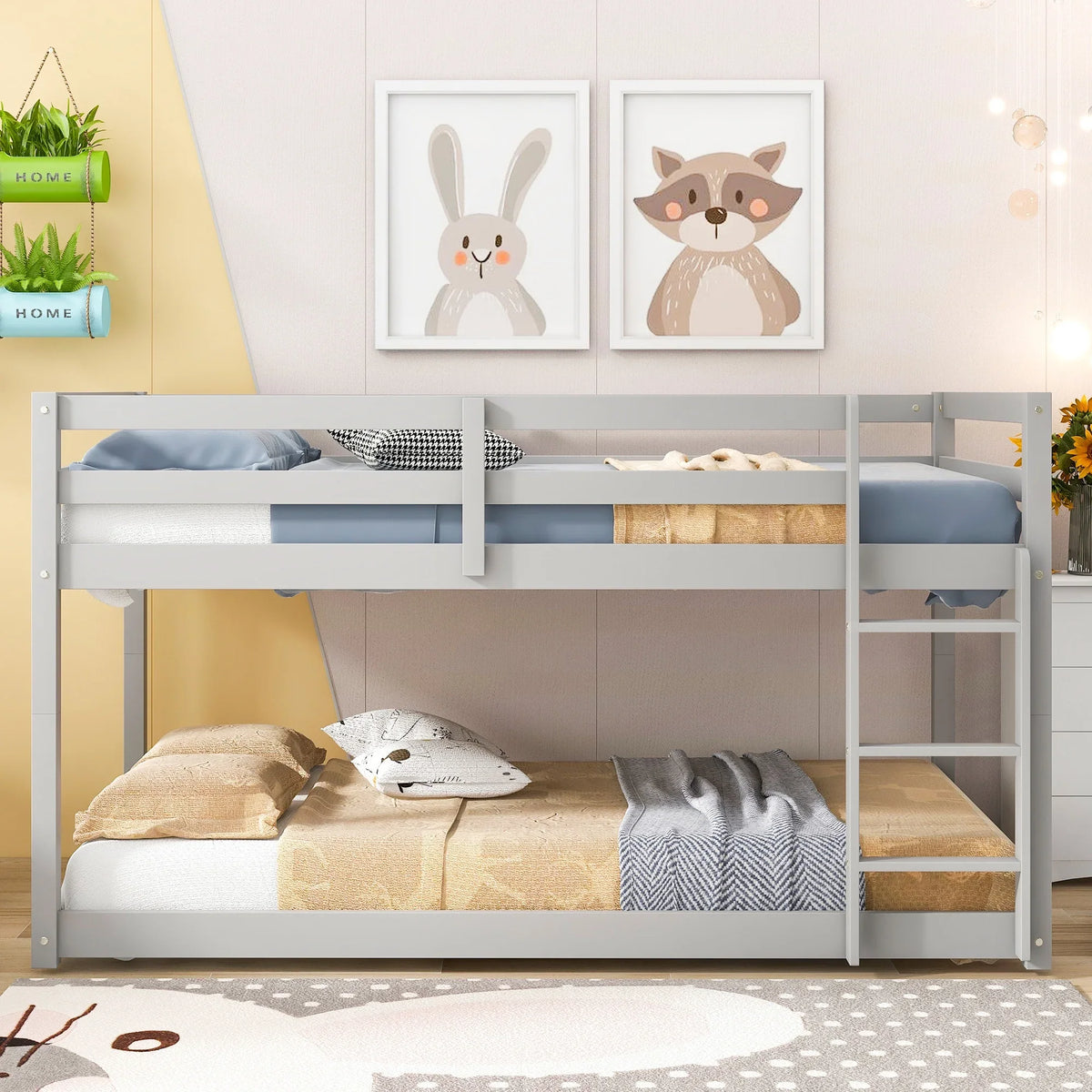Twin Over Twin Floor Bunk Bed, UHOMEPRO Solid Wood Low Bunk Bed with Safety Rail, Ladder, Heavy Duty Bunk Beds, Space-Saving Bedroom Dorm Furniture, Gray