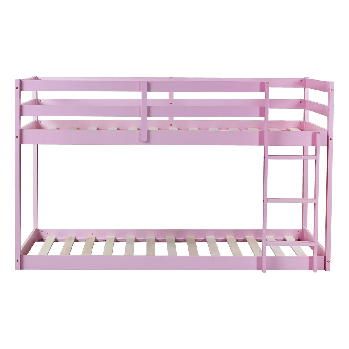 Twin Over Twin Floor Bunk Bed, UHOMEPRO Solid Wood Low Bunk Bed with Safety Rail, Ladder, Heavy Duty Bunk Beds, Space-Saving Bedroom Dorm Furniture, Gray