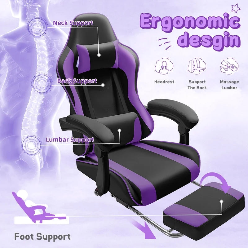 Lacoo PU Leather Gaming Chair Massage Ergonomic Gamer Chair Height Adjustable Computer Chair with Footrest & Lumbar Support, White