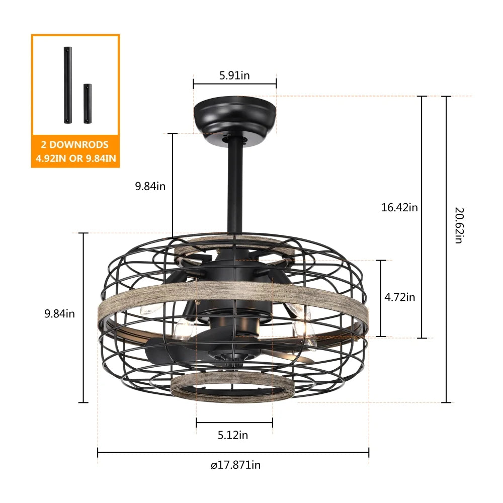 18'' Farmhouse Ceiling Fans Light - Caged Ceiling Fan with Remote Control (3-Speeds Adjustable), Wood Rustic Enclosed Reversible Ceiling Fans for Bedroom, Living Room, Kitchen.