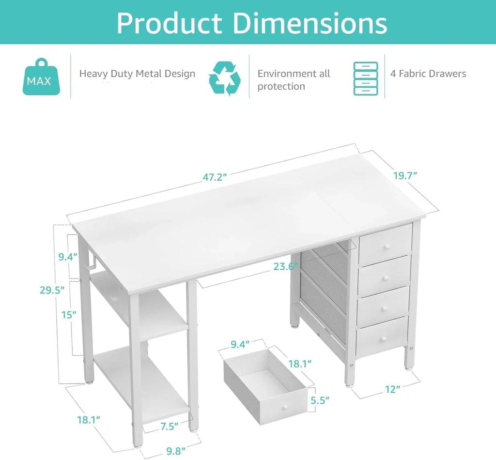 Lufeiya White Desk with Drawers & Storage Shelves, 47 Inch Study Work Writing Desk for Home Office Bedroom, Simple Modern Cute PC Computer Desks Table, White
