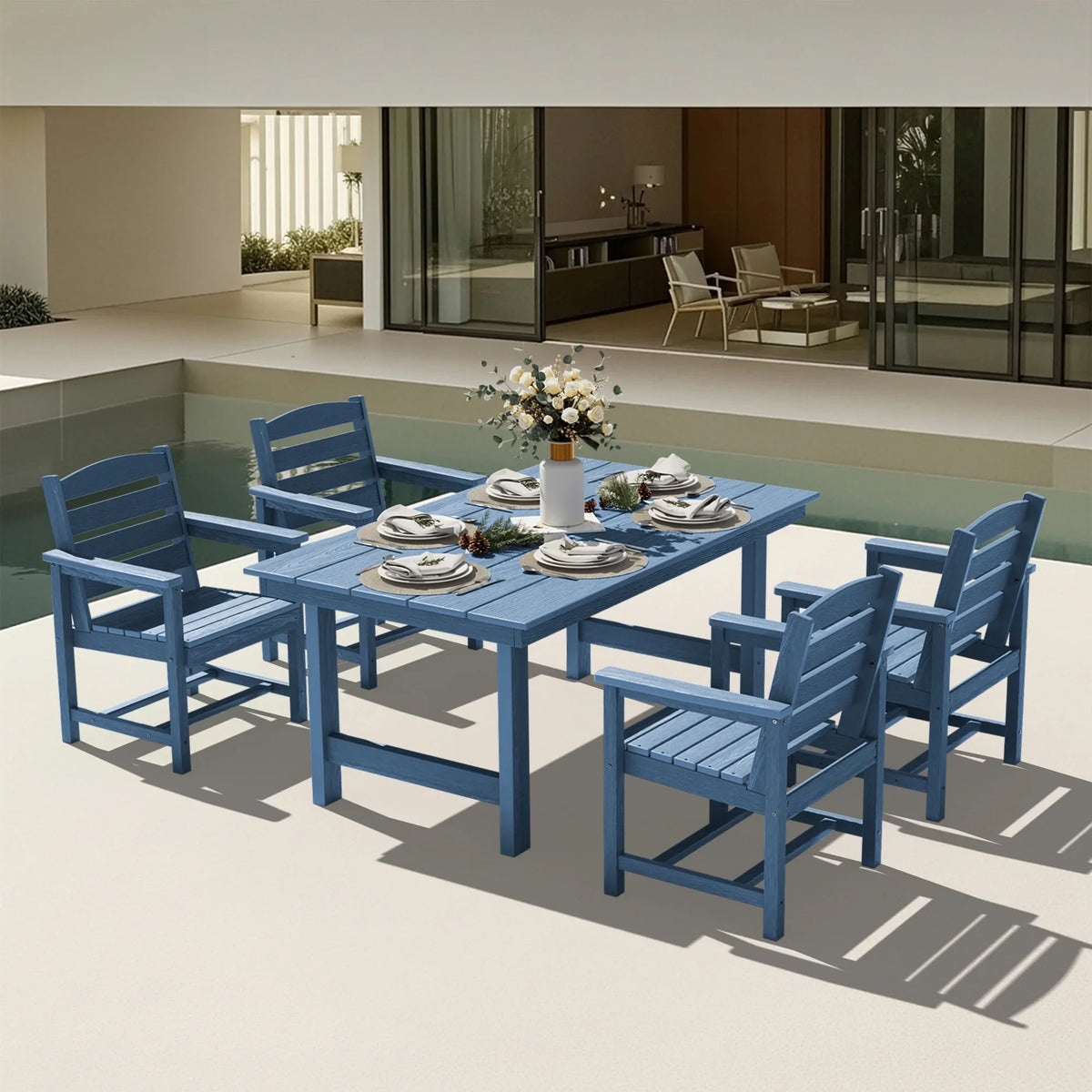 KINGYES 7-Piece Outdoor Dining Set, HDPE Patio Table and Chairs with Umbrella Hole, Gray