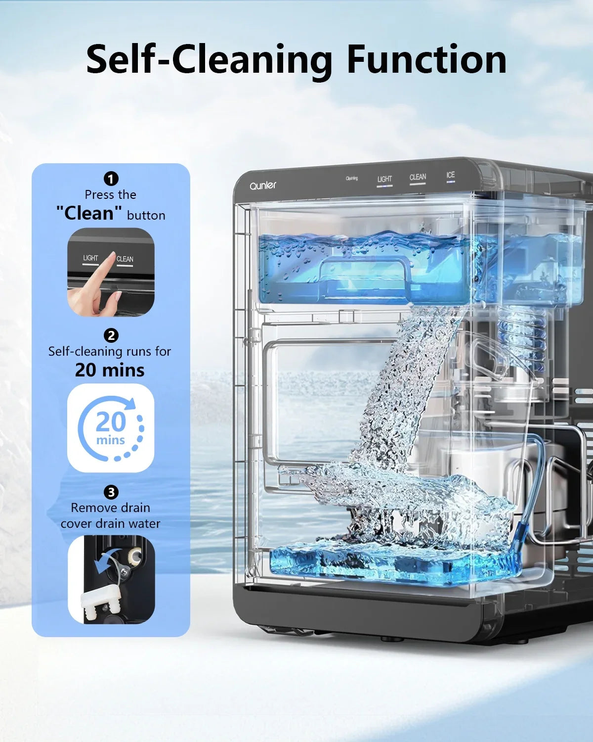 Qunler Nugget Ice Maker Countertop, 44lbs per Day Chewable Pebble Nugget Ice Machine with Touch Screen for Home, Kitchen, Office, Stainless Steel, Black