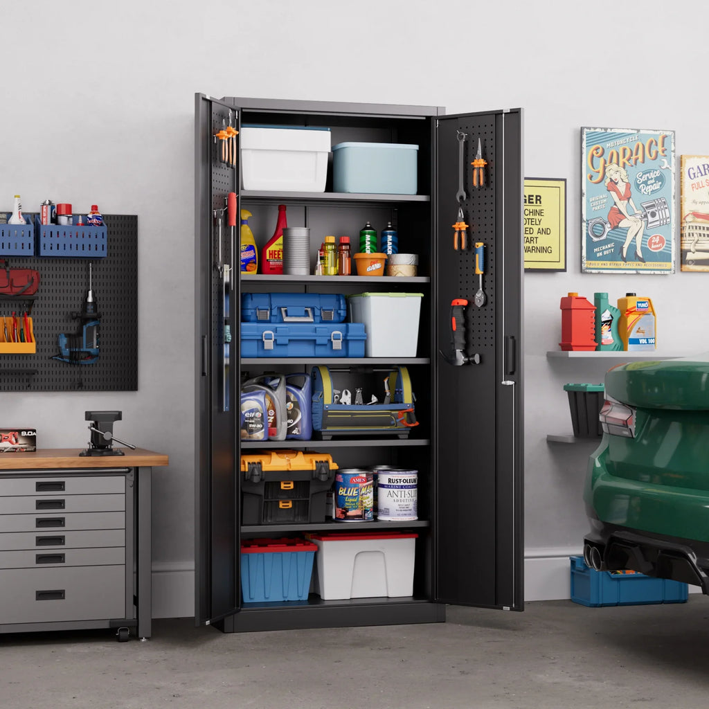 GAEANET 2 Door Metal Storage Cabinet with 5 Adjustable Shelves &Pegboard, 71" H"32" W"16" D Locking Steel Garage Cabinet, for Garage,Office,Home,Gym,School, File Cabinet,Assembly Required, Black