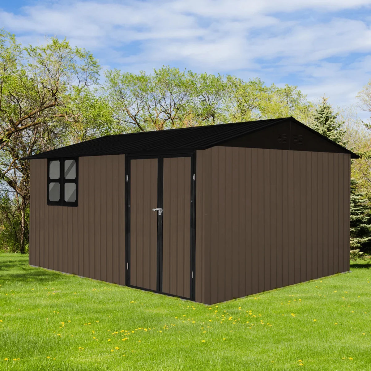 10x12 FT Outdoor Storage Shed, Metal Garden Tool Shed with Vents, Window and Bulit-in Hooks, Waterproof Organization for Home/Backyard/Garden Tools/Lawn Storage, Yellow+White