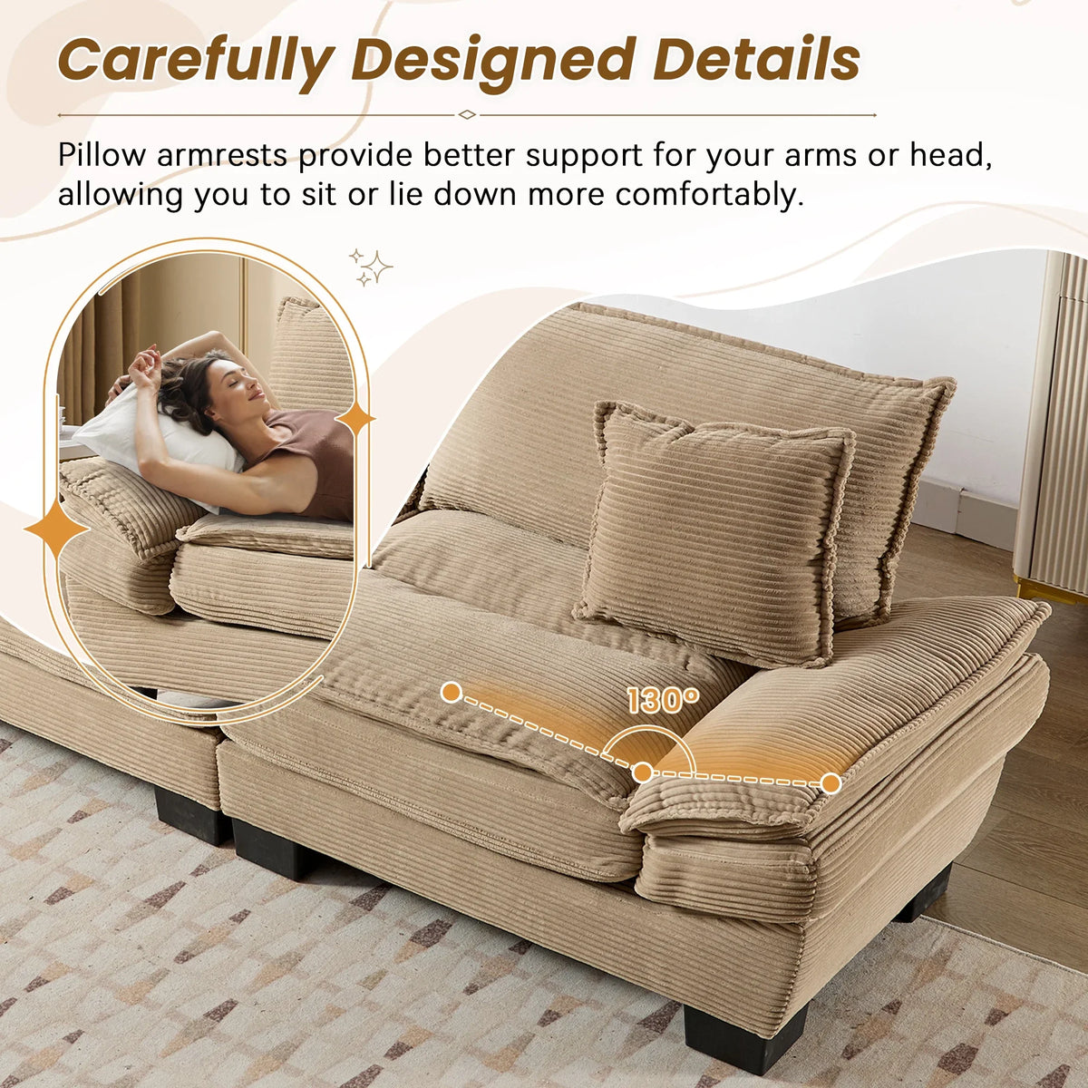 Dinosisco 84"L Deep Seat Sofa, Corduroy Upholstered Sleeper Couch for Living Room, Pink