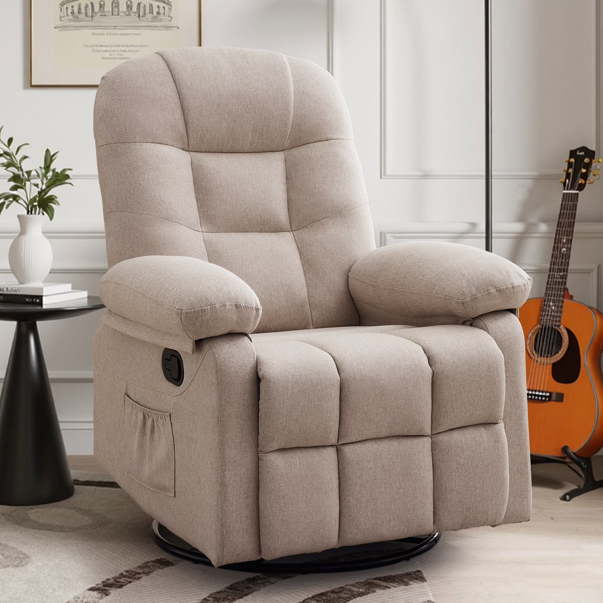 Korser Manual Swivel Rocker Recliner Chair for Living Room,Small Recliner Sofa for Small Spaces,Linen Fabric,Dark Black