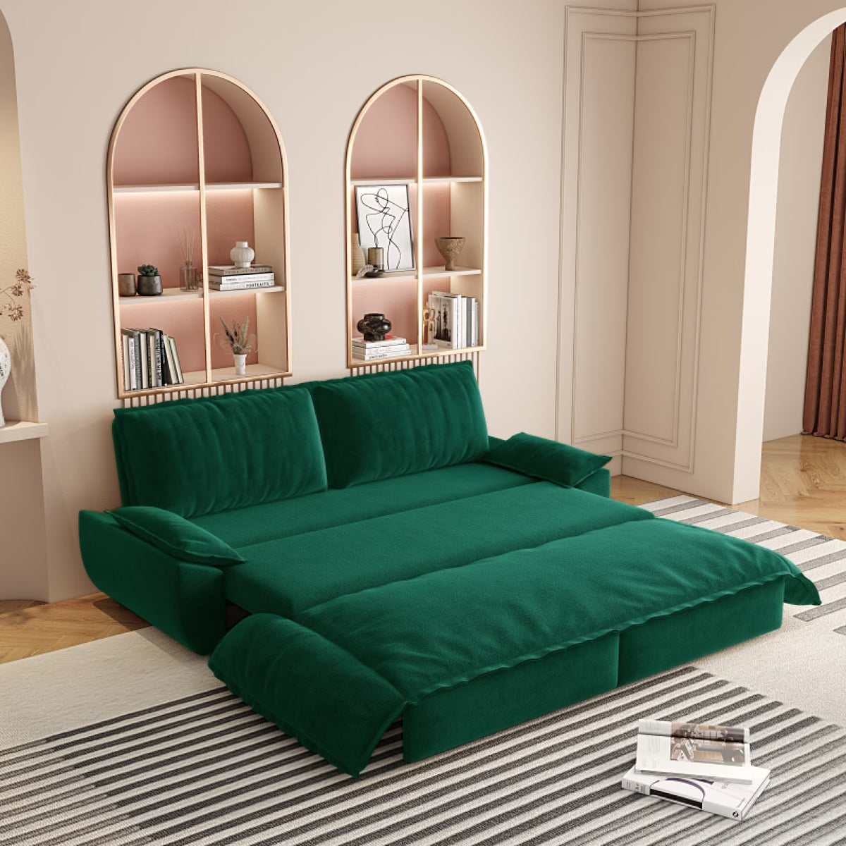 66" Queen Pull Out Sofa Bed, 3-in-1 Convertible Sleeper Sofa with Side Storage,Multi-Functional Velvet Loveseat Bed for Living Room,Bedroom