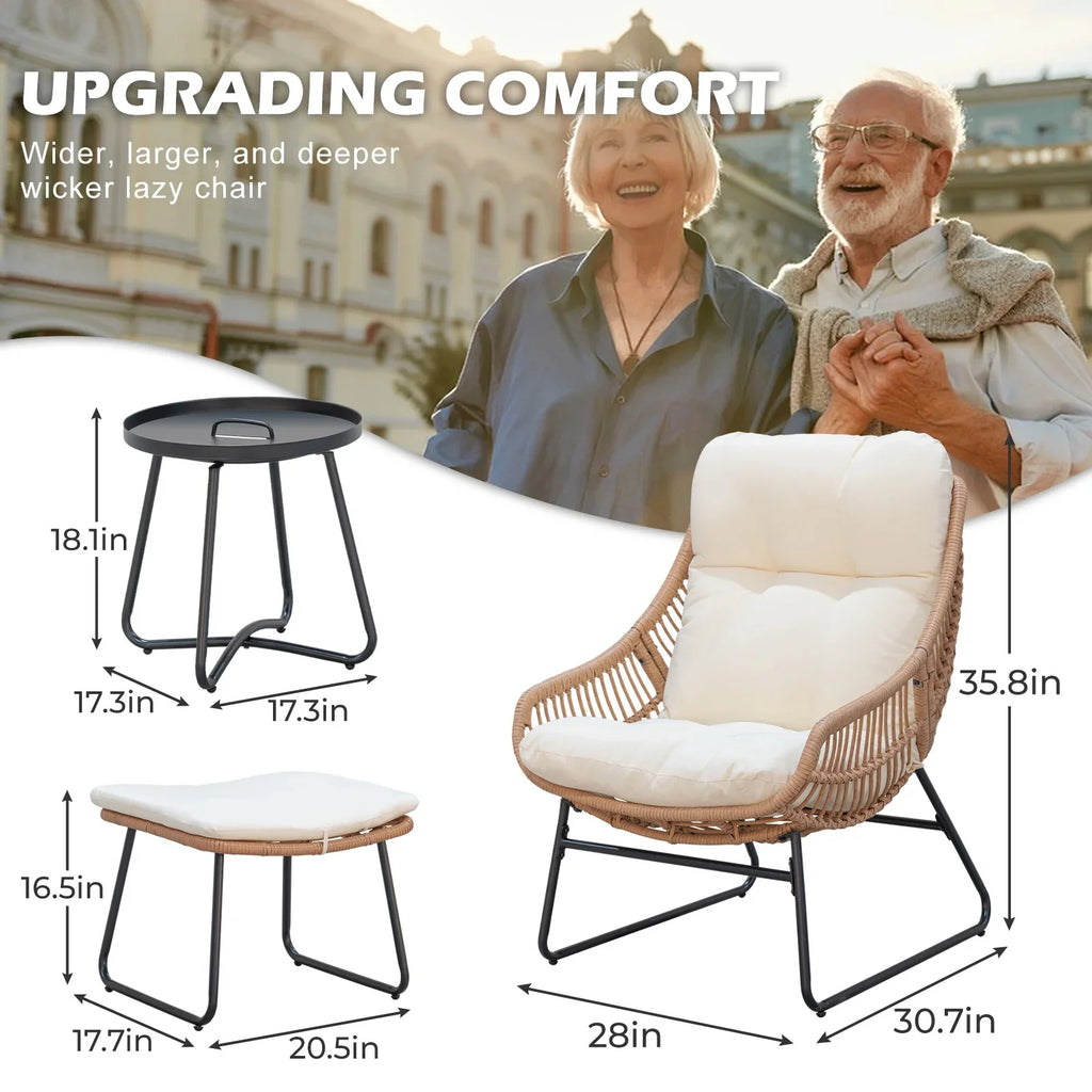 Tappio Wicker Papasan Egg Chair with Ottoman, Outdoor Patio Basket Lounge Chair Indoor Oversized Egg Lounger with Thick Cushion for Living Room Bedroom Balcony Porch, Black