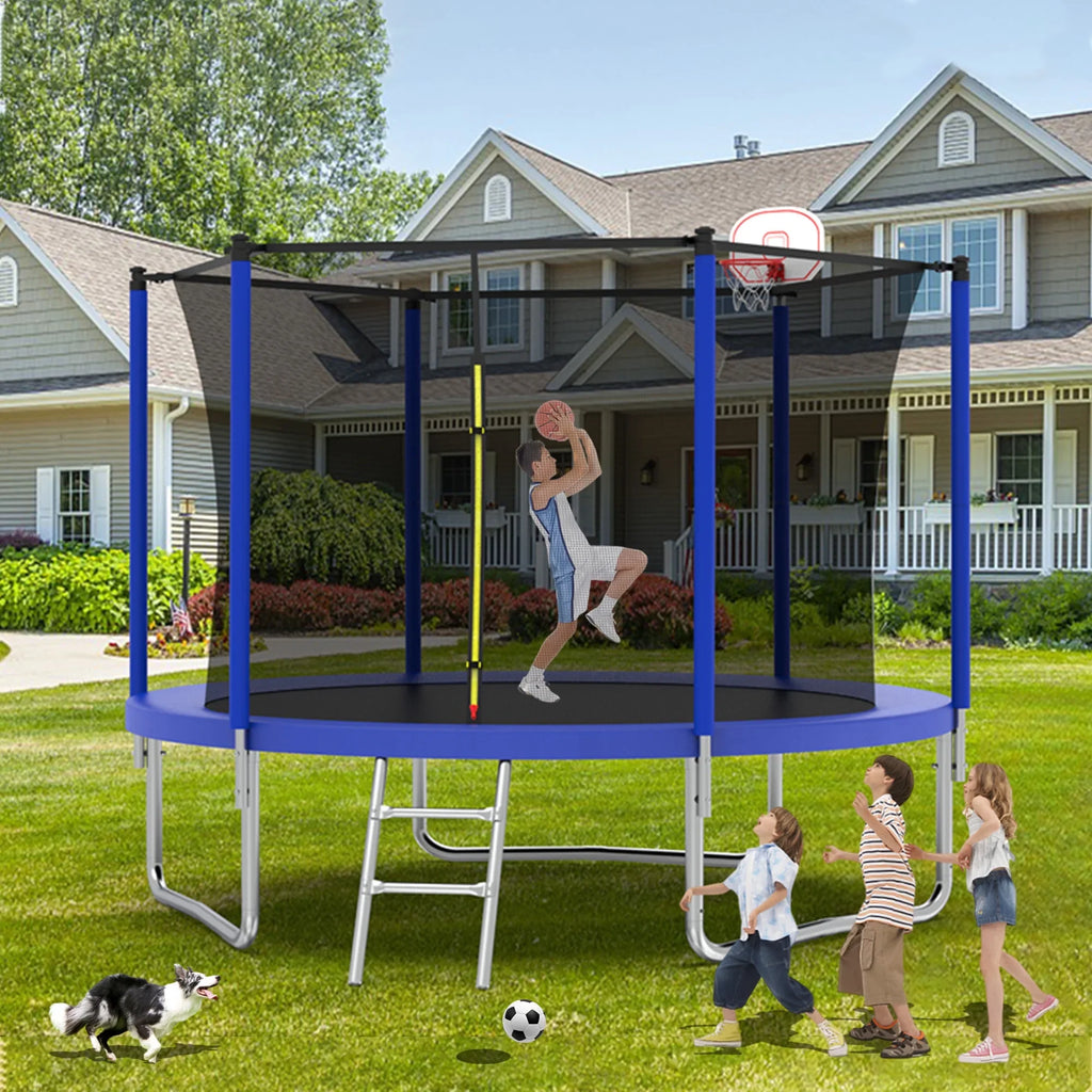 Alvantor Trampoline for Kids with Basketball Hoop, 10 Ft Backyard Round Trampolines with Enclosure Net, Age 3-10, Blue