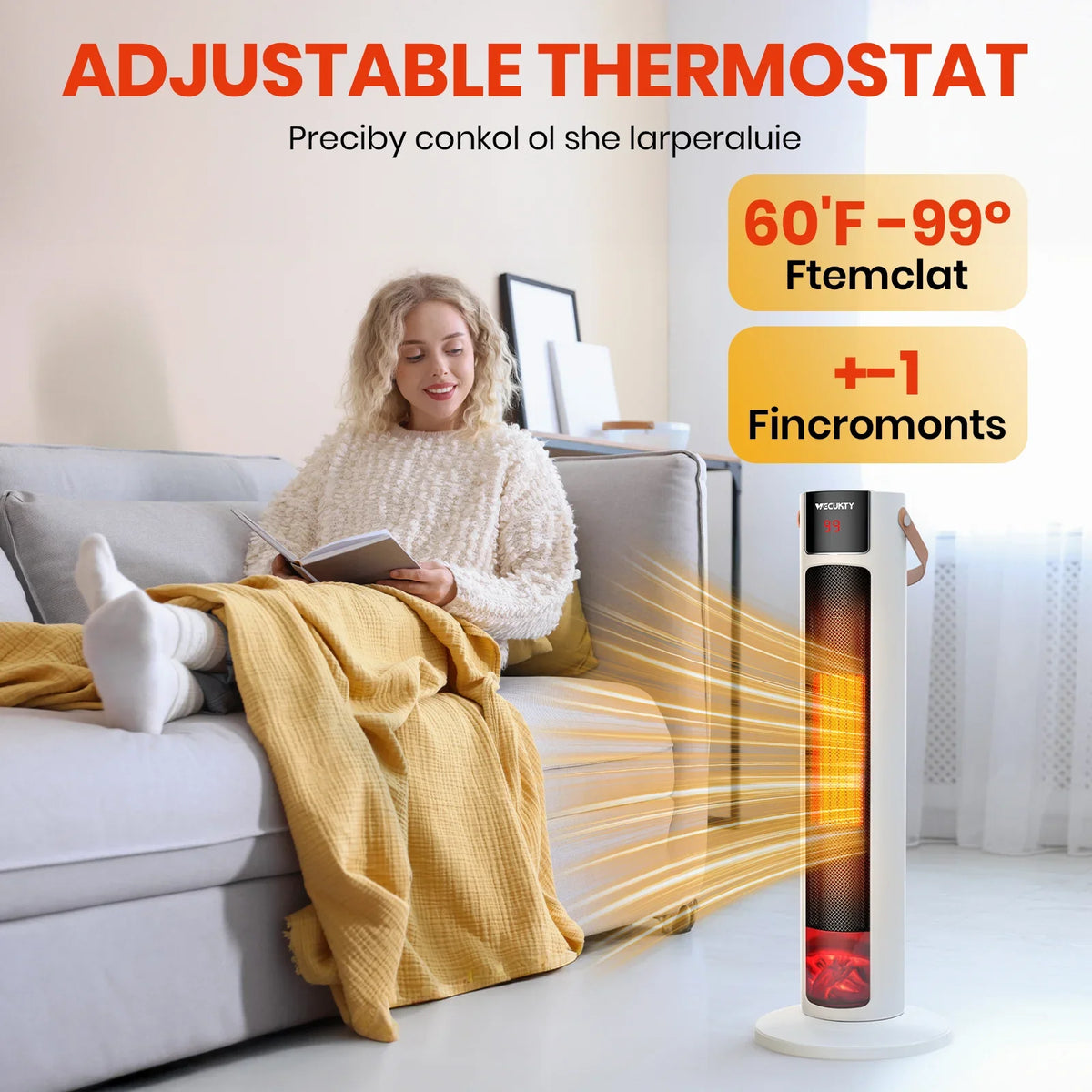 VECUKTY 26" Tower Space Heater with 3D Flame, 1500W Portable Electric Tower Electric Heater, 60 °Oscillation, 9H Timer,Remote Control for Indoor Bedroom Office Home