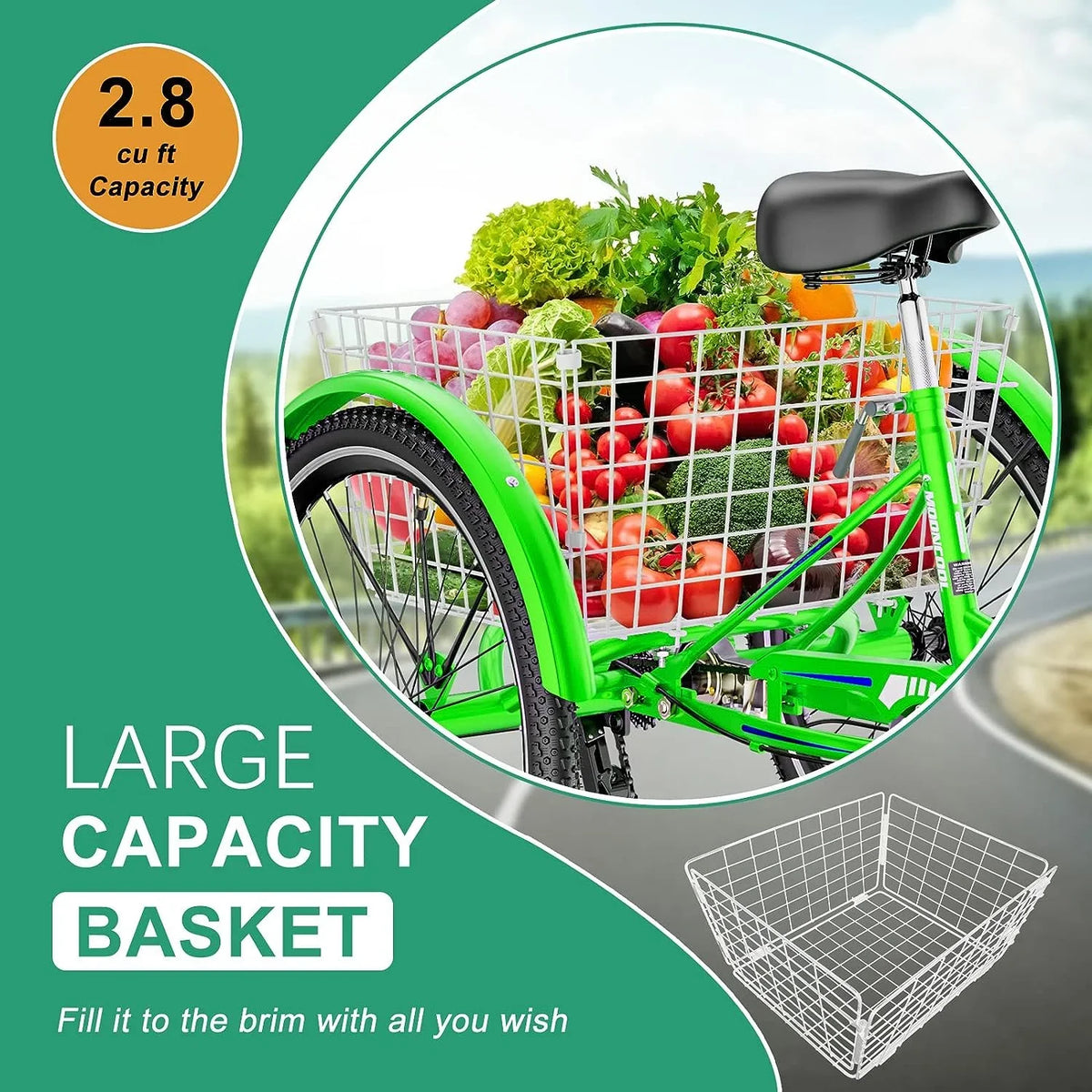 MOONCOOL Adult Tricycles with Rear Basket & Inflator, 24 26 inch 7 Speed 3 Wheel Bikes, Three-Wheeled Bicycles Adult Trike with Backrest for Seniors, Women, Men