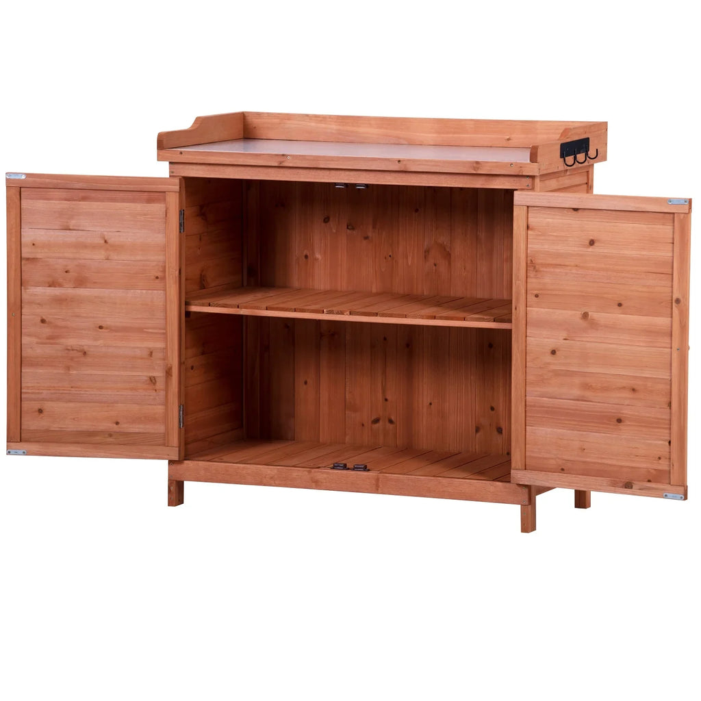 Outdoor 39" Potting Bench Table, Rustic Garden Wood Workstation with 2-Tier Shelves and Side Hooks, Orange