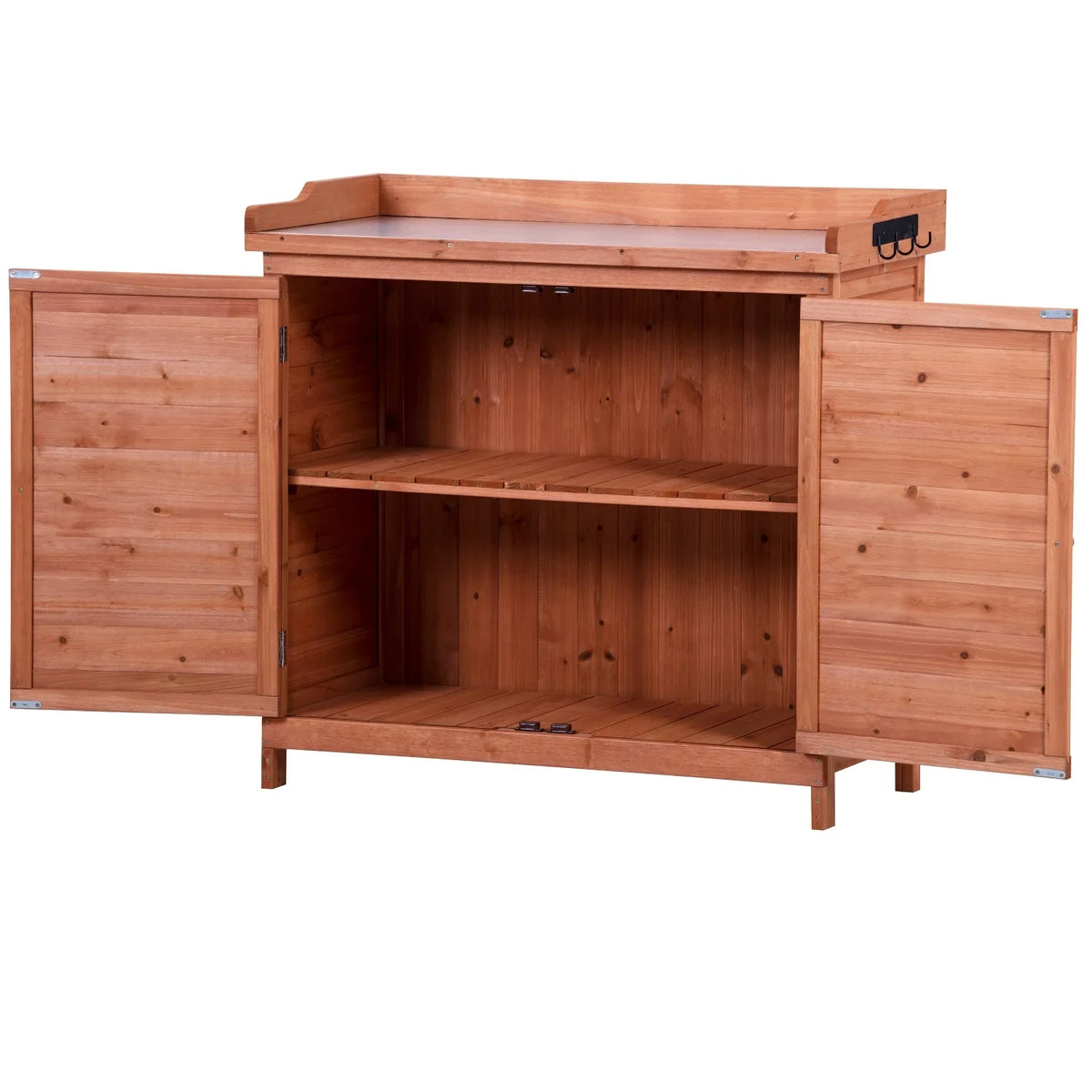 Outdoor 39" Potting Bench Table, Rustic Garden Wood Workstation with 2-Tier Shelves and Side Hooks, Orange