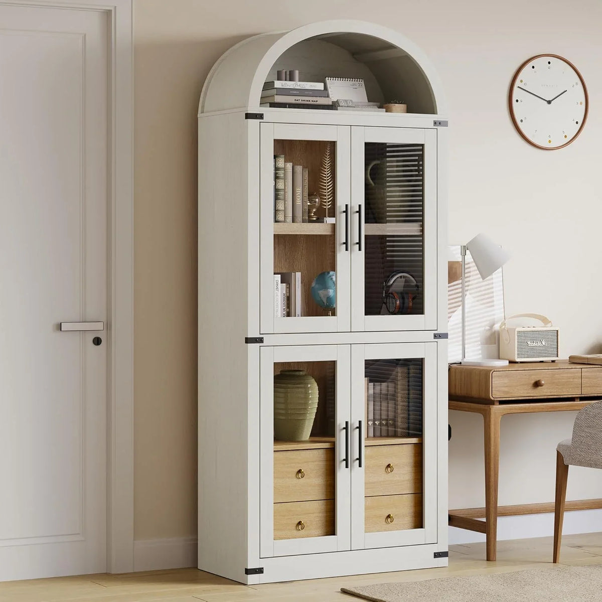 Arched Kitchen Pantry Storage Cabinet with 2 Drawers, 71-Inch Tall Farmhouse Wood Bookcase with 4 Doors for Kitchen Dining Room Bathroom