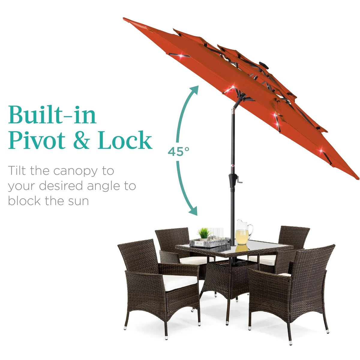 Best Choice Products 10ft 3-Tier Solar Patio Umbrella w/ 24 LED Lights, Tilt Adjustment, Easy Crank - Tan