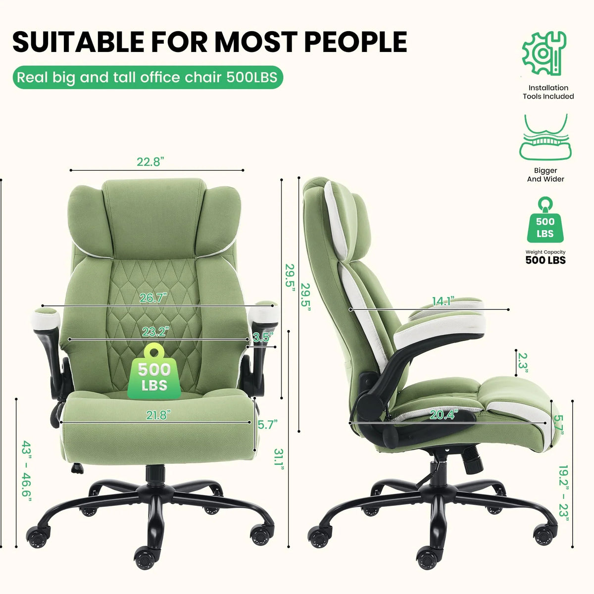 Ninecer 500lbs Big and Tall Office Chair with Inflatable Lumbar Support, Ergonomic Executive Desk Chair with Extra Wide Seat, Adjustable Height Computer Chair, Heavy Duty Leather Office Chair, Black