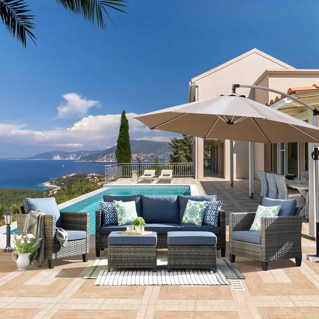 Ovios 5 Pieces Outdoor Patio Furniture Set Wicker Rattan Outdoor Conversation Comfortable Sectional Sofa with Steel Frame, Grey
