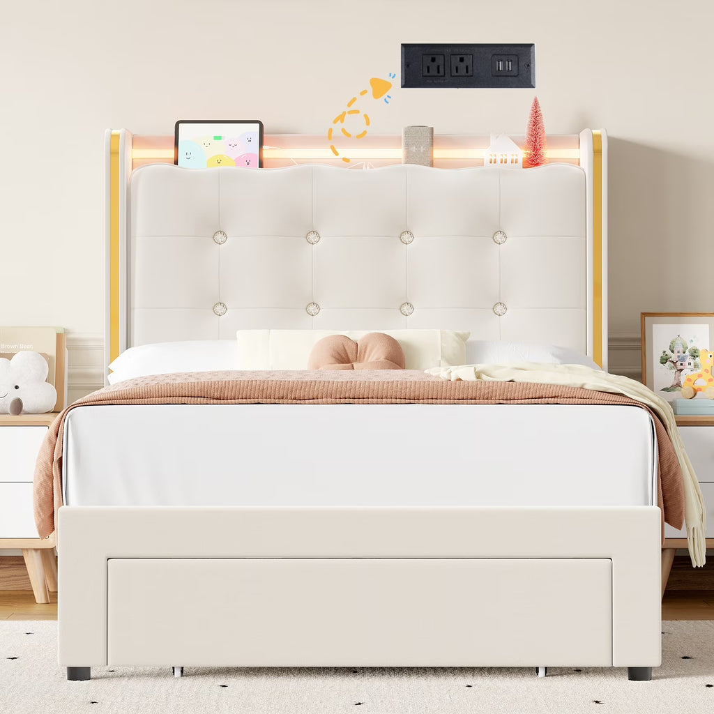 Homfa Twin Size LED Bed Frame with Drawer, Velvet Crystal Button Upholstered Platform Bed Frame with Outlets and USB Ports & Display Platform, No Box Spring Needed, Pink