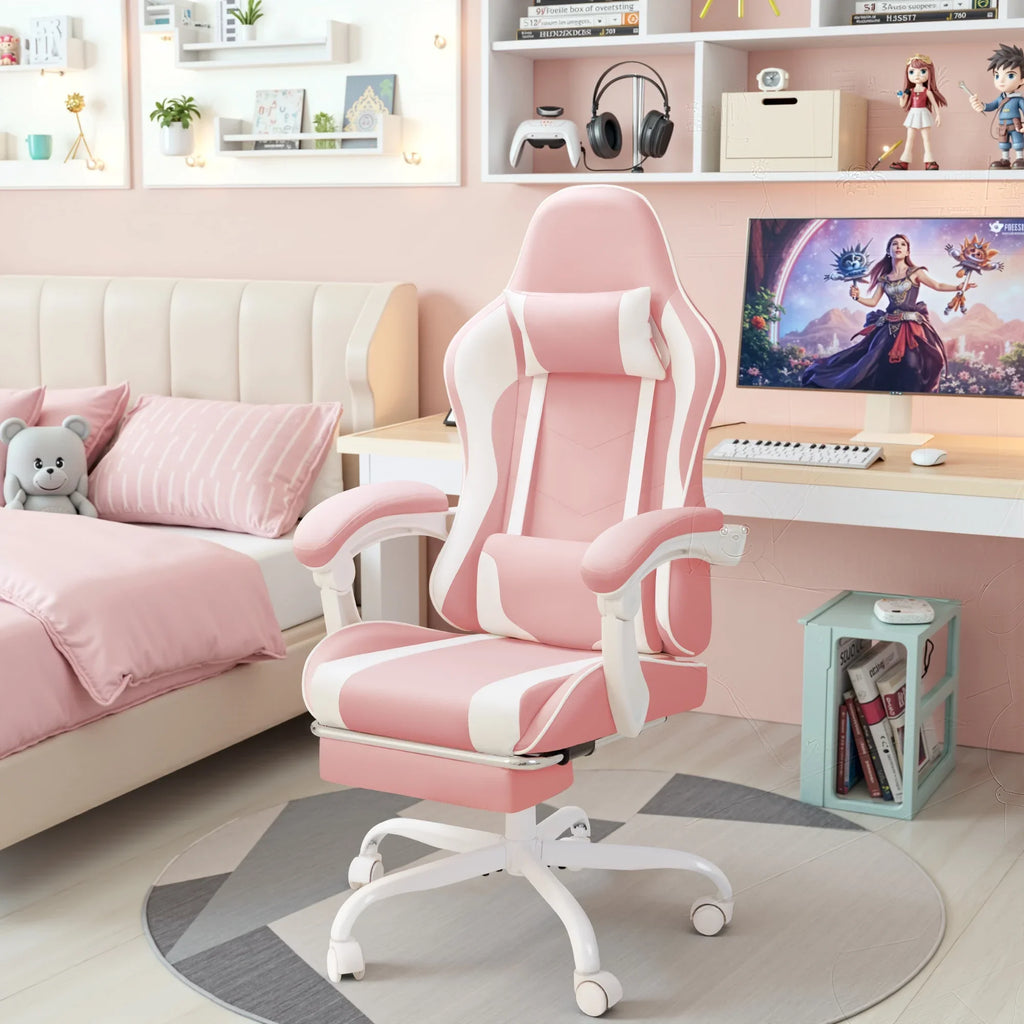 Lacoo PU Leather Gaming Chair Massage Ergonomic Gamer Chair Height Adjustable Computer Chair with Footrest & Lumbar Support, White
