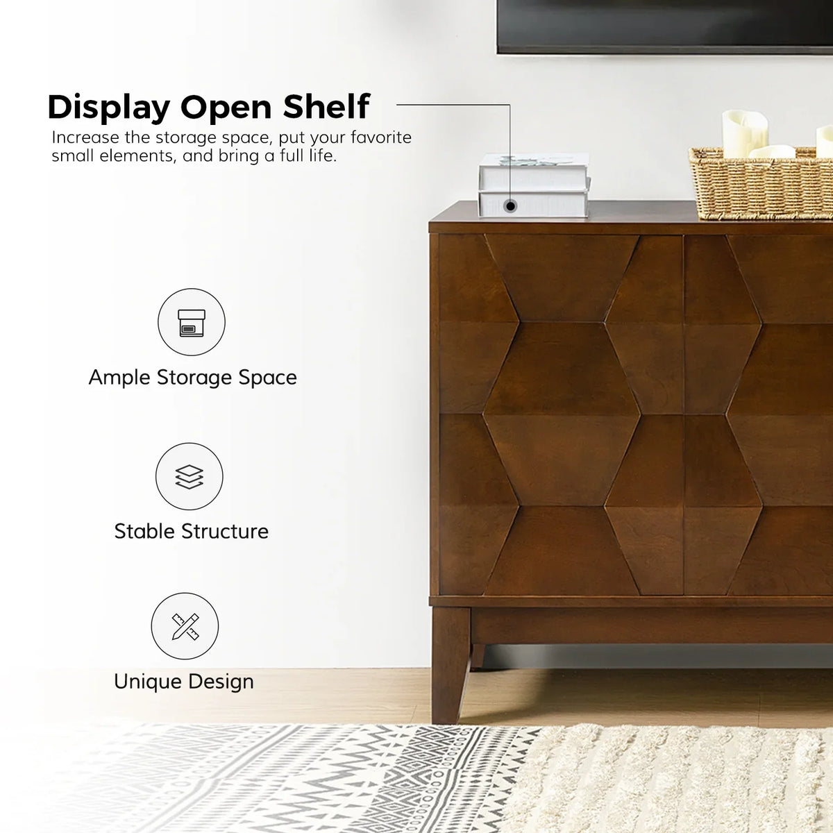 Wooden 45" Sideboard Buffet Cabinet 2 Doors with Adjustable Shelves Living Room Entryway Bedroom Walnut