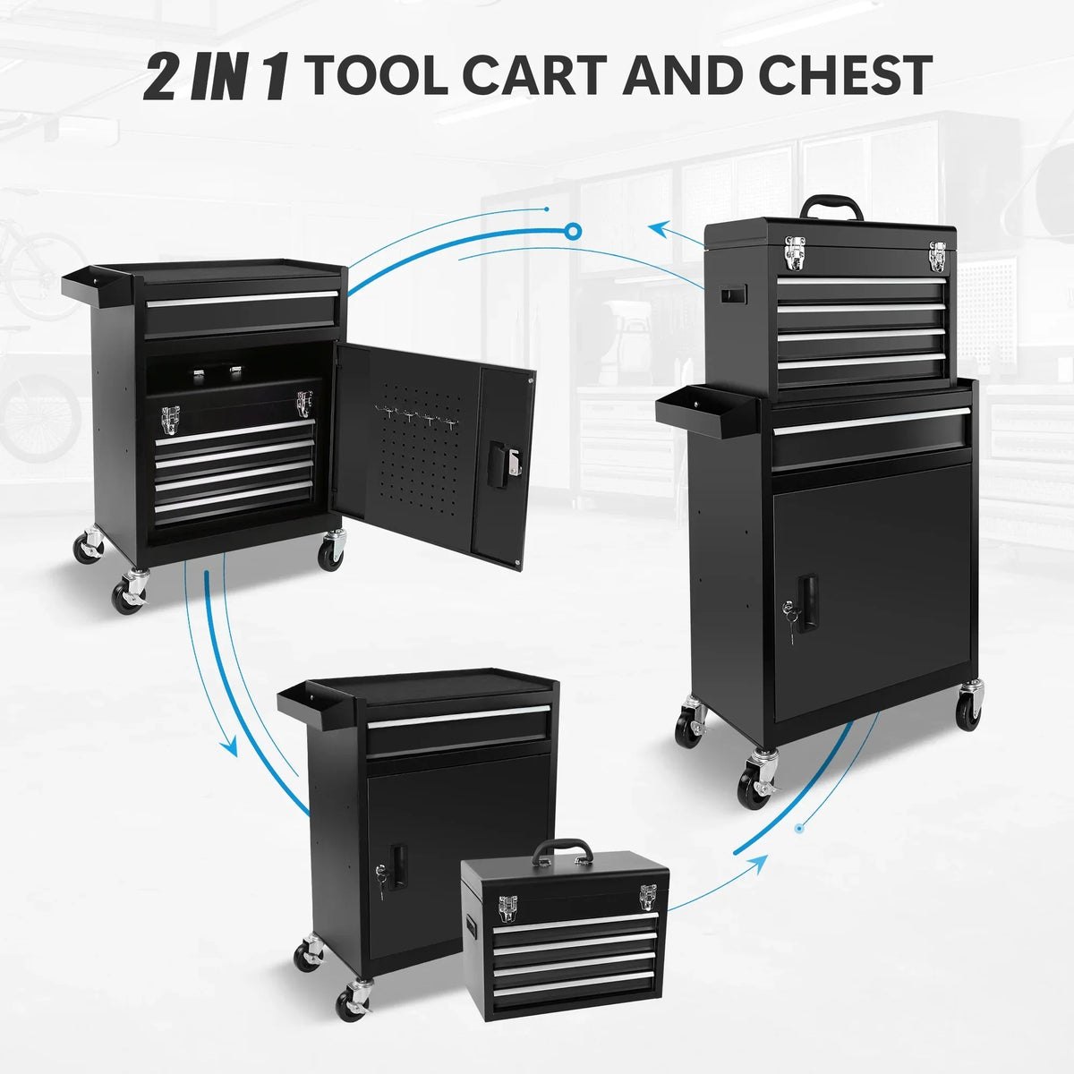 5-Drawer Rolling Tool Box, 2-IN-1 Hidden Multifunctional Tool Chest, Blue Tool Box on Wheels Storage Tool Organizer Cart, Hooks, Classification Box, Liner