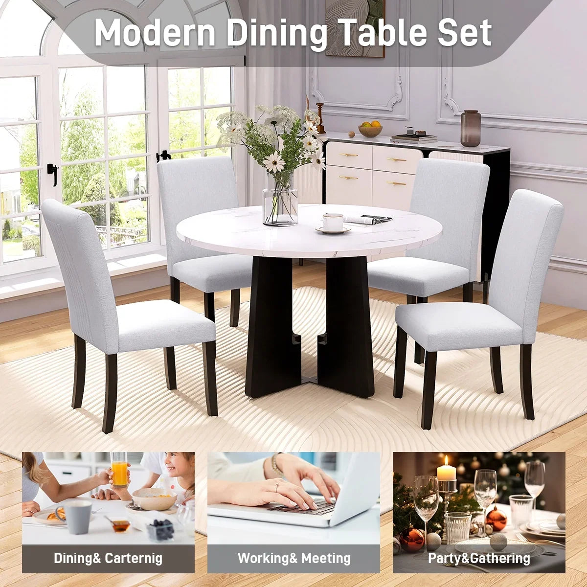 EUROCO 5-Piece Round Dining Table Set for 4, 43.3'' Kitchen Room Table with 4 Upholstered Chairs and Solid Wood Frame,Kitchen Table Set for Home Living Dining Room, Grey & Black