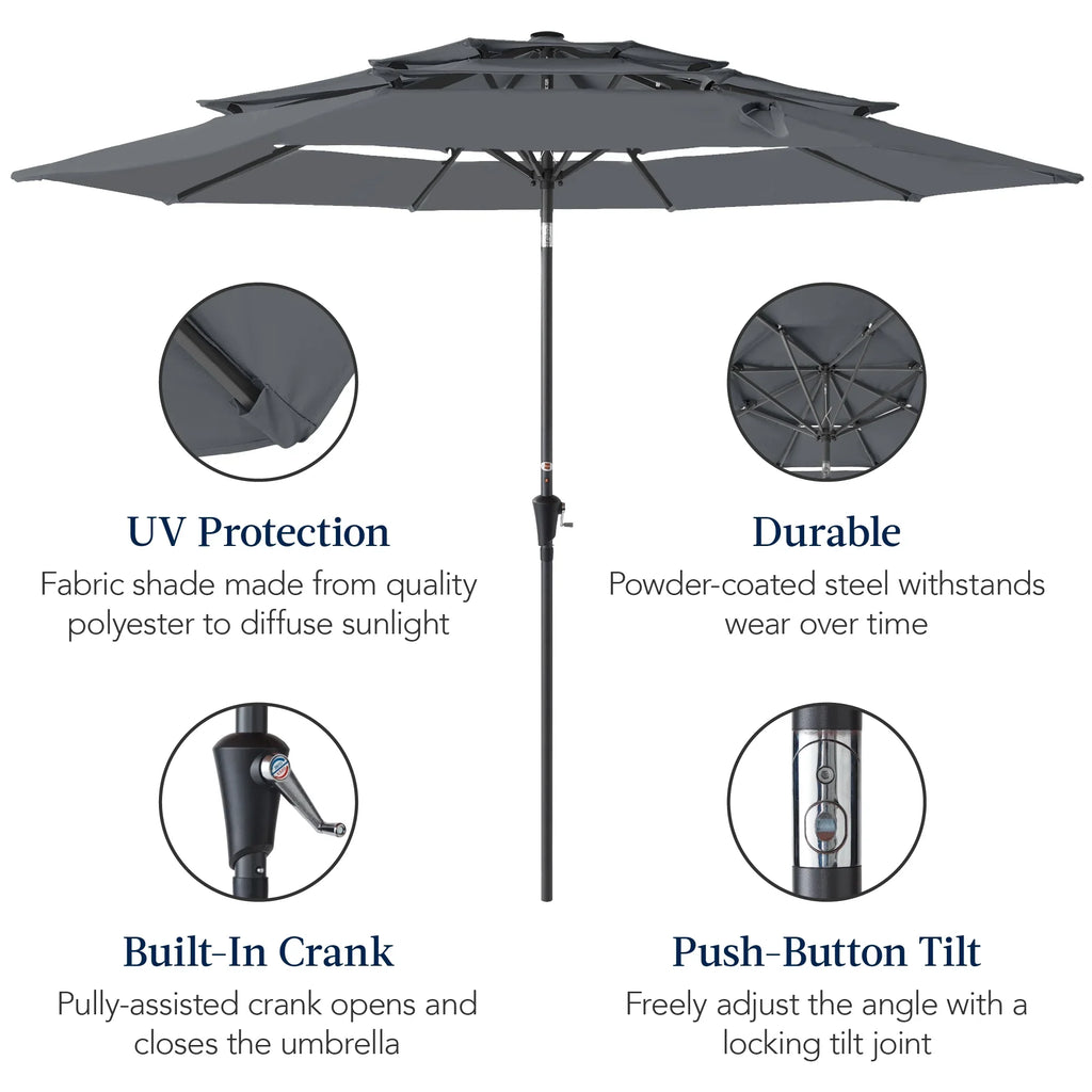 Best Choice Products 10ft 3-Tier Patio Umbrella, Market Sun Shade w/ Tilt Adjustment, Easy Crank - Red