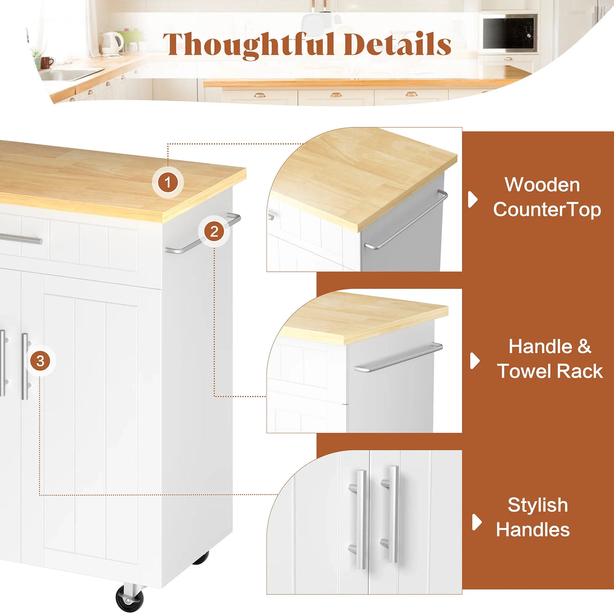 Walsunny Kitchen Island Table Stand with Storage on Wheels,Rolling Kitchen Cart Storage Cabinet with Drawer,White