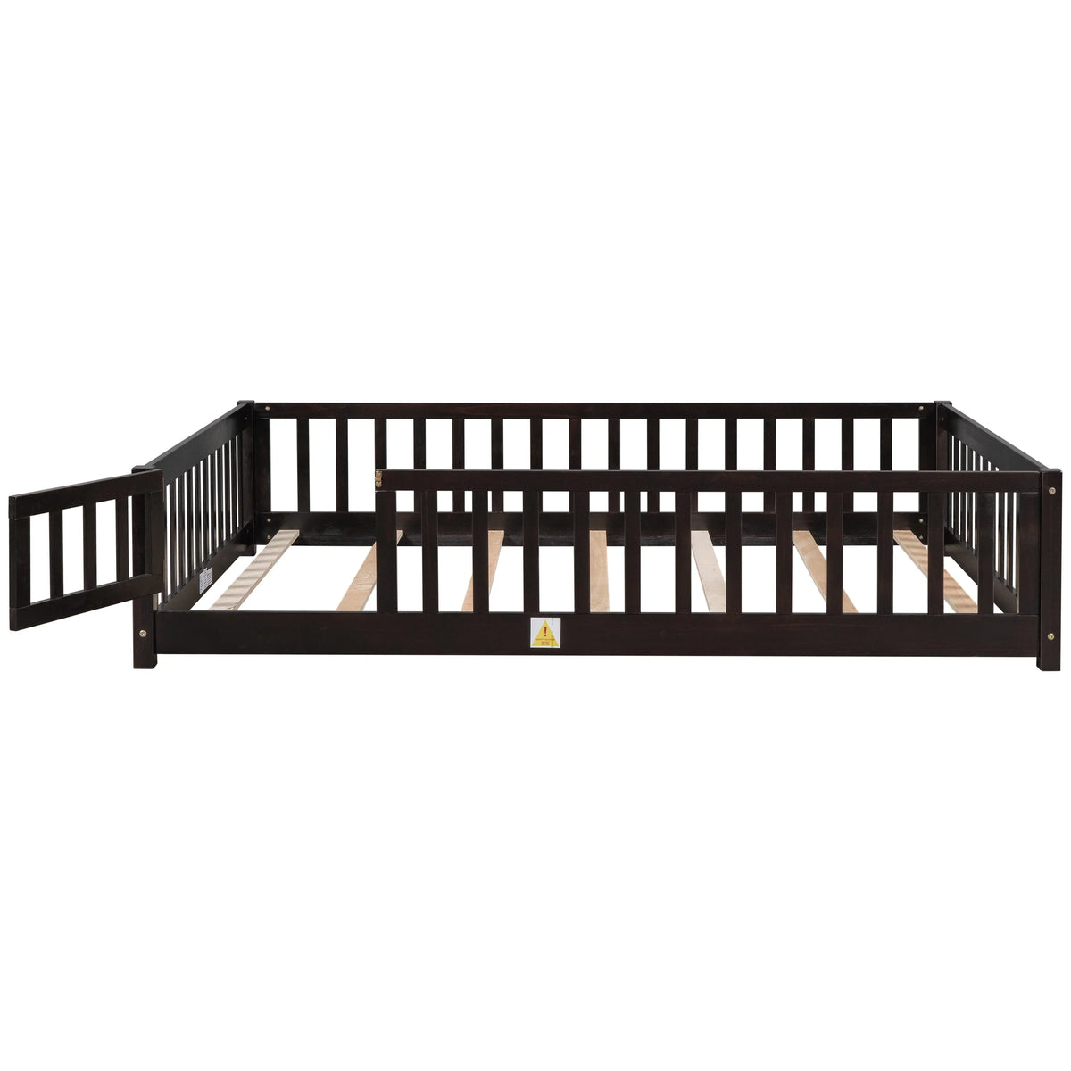 PAPROOS Twin Size Floor Bed, Solid Wood Toddler Bed with Slat, Fence Guardrail and Door, No Box Spring Needed, Montessori Bed, Twin Bed for Kids, Boys, Girls, Gray