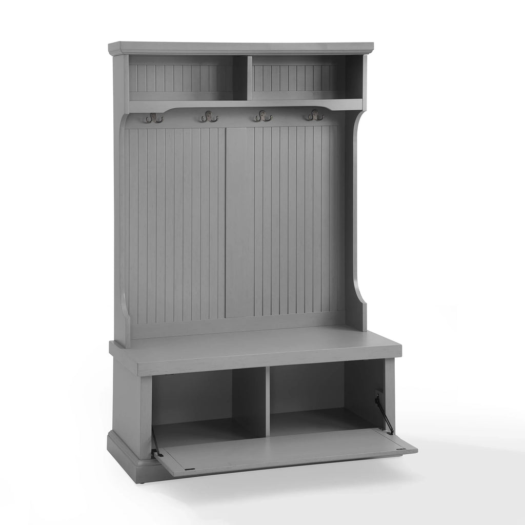 Crosley Furniture Seaside Coastal Wood Hall Tree in Distressed Gray and Chrome