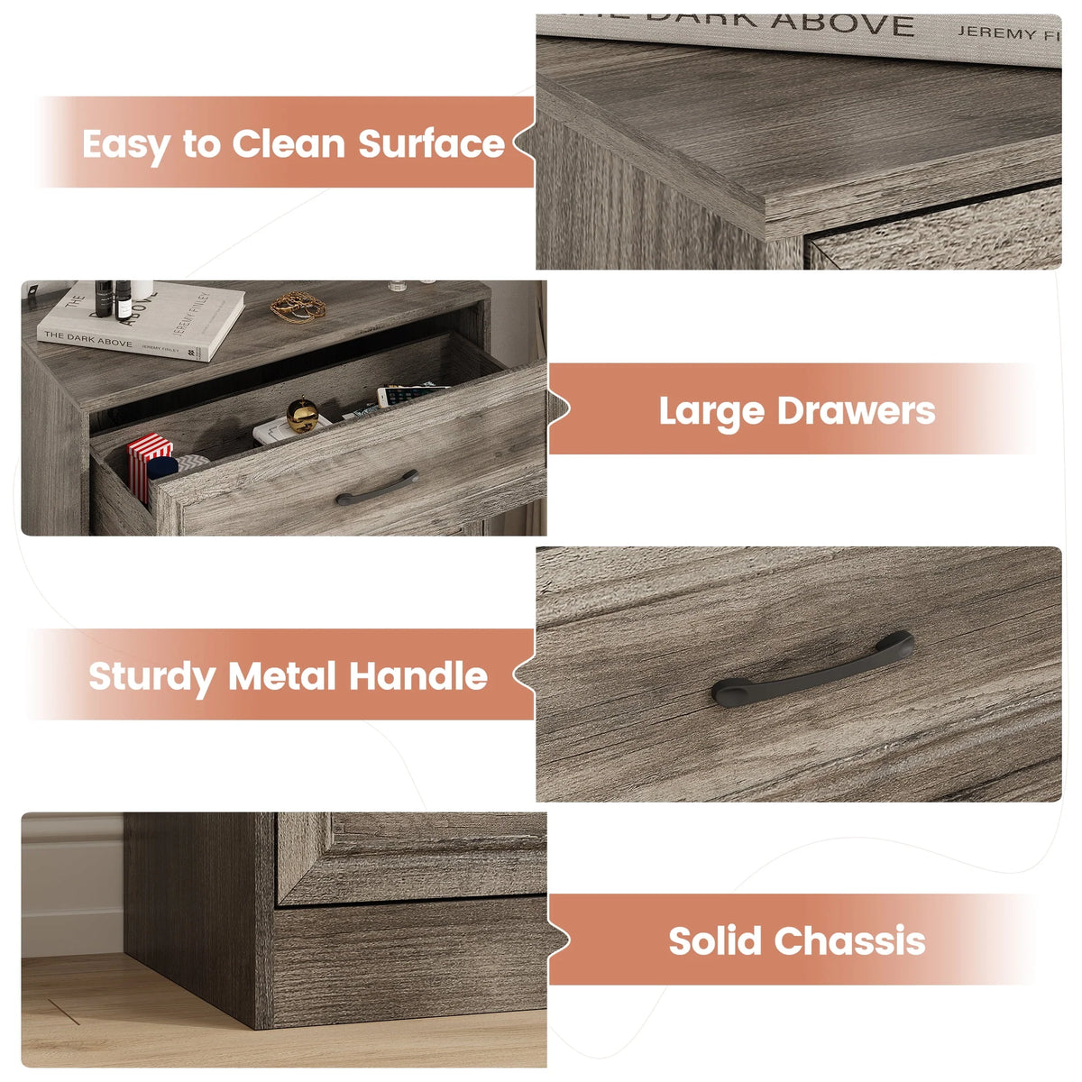 Vabches Farmhouse 5 Drawer Dresser with Metal Handle, Tall Wood Chest of Drawers for Living Room Bedroom,Dark Brown