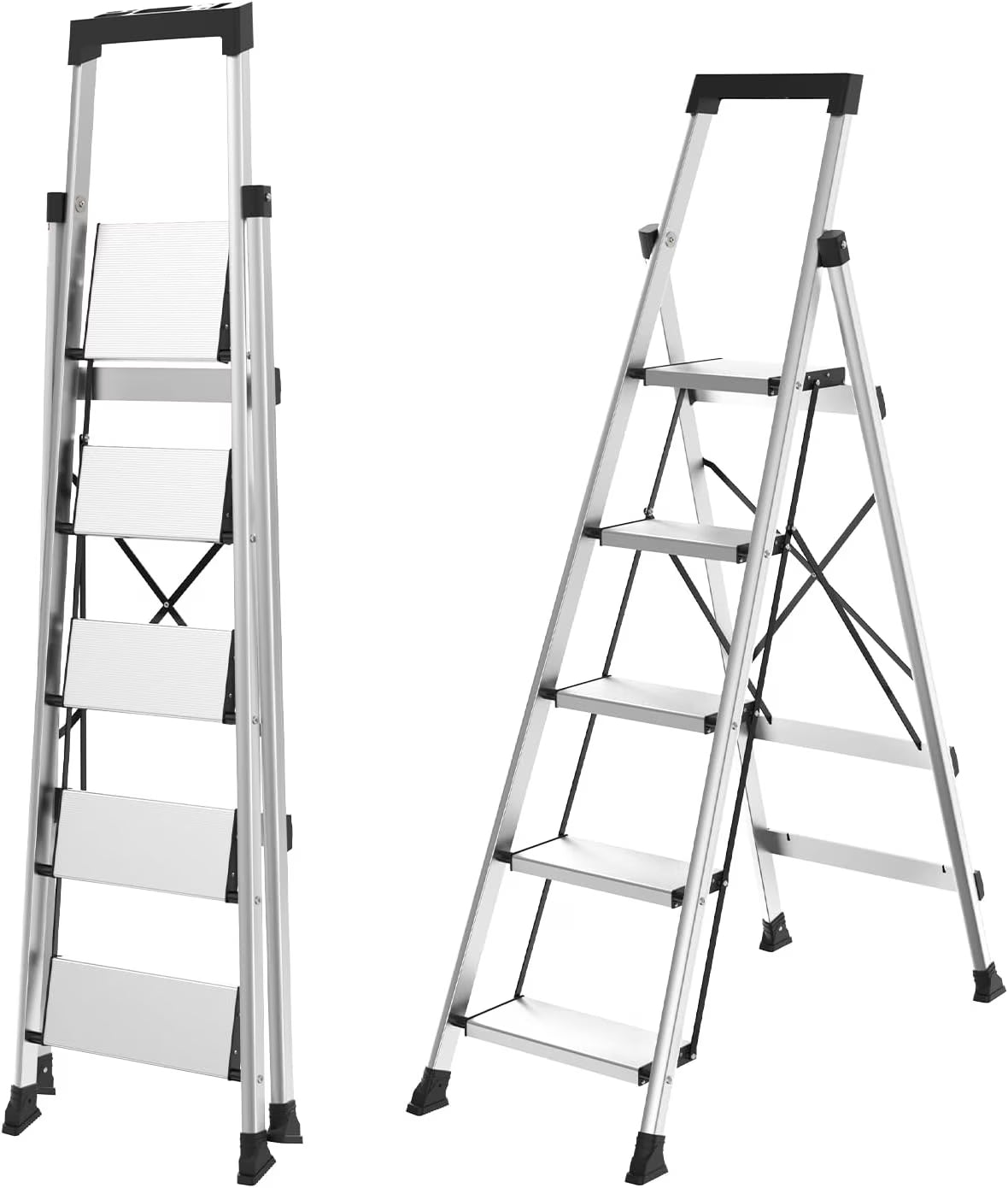 HBTower 4 Step Ladder with Tool Tray, Aluminum Anti-Slip Folding Step Stool for Adults, 330lbs Capacity, Light Weight Portable Ladder for Kitchen Warehouse Outdoor Work