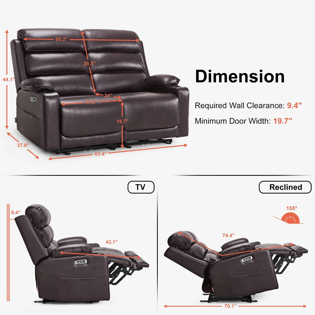 MCombo 63.4" Power Loveseat Recliner Sofa with Adjustable Headrest, Heat and Massage for Living Room, Faux Leather(Light Grey)
