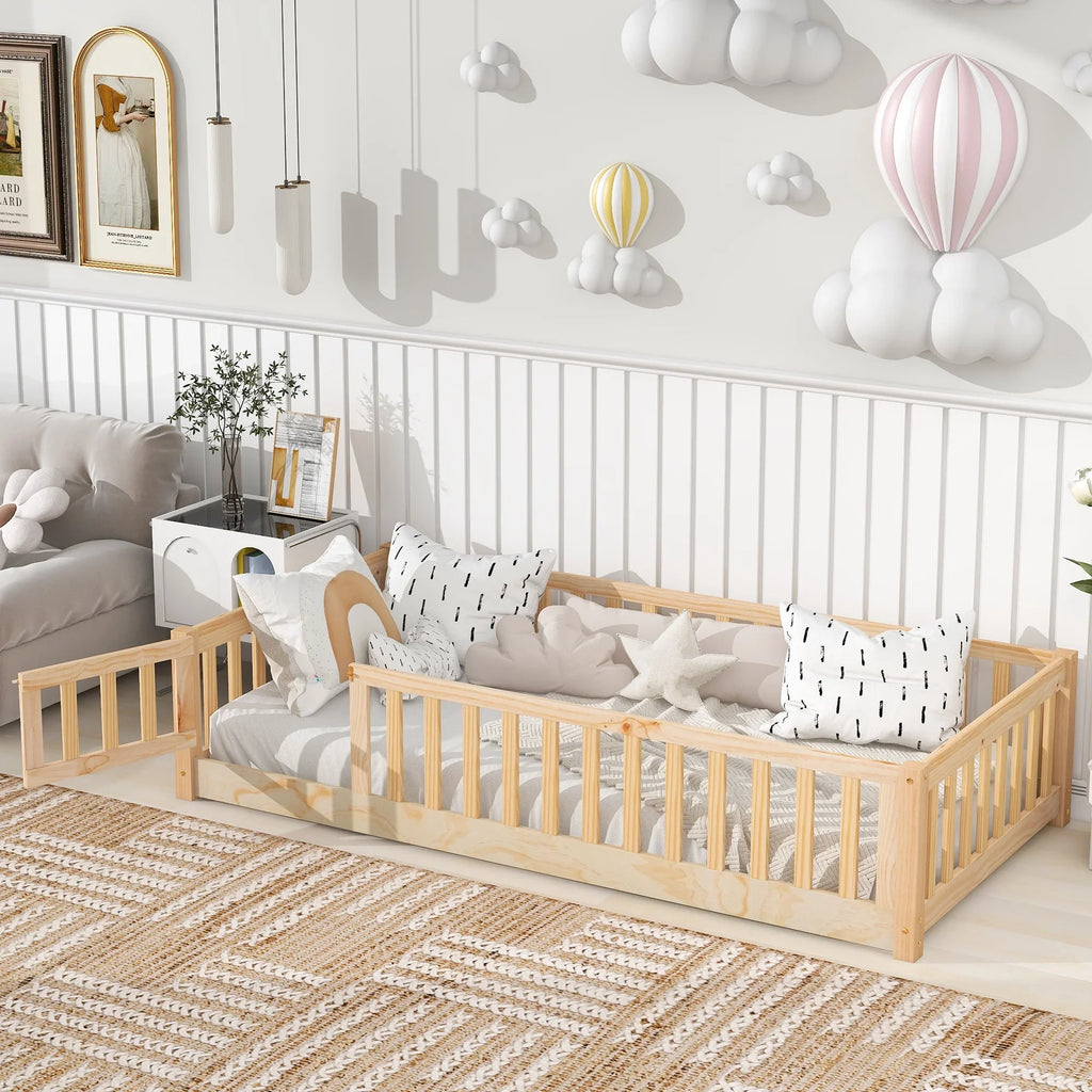 PAPROOS Twin Size Floor Bed, Solid Wood Toddler Bed with Slat, Fence Guardrail and Door, No Box Spring Needed, Montessori Bed, Twin Bed for Kids, Boys, Girls, Gray