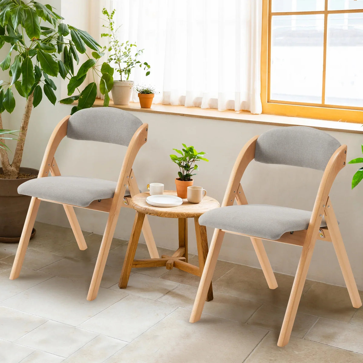 Ktaxon Folding Chairs Rubber Wood Frame Foldable Event Chairs Padded Diner Chairs for Office and Party Reading Dining Set of 2 Light Gray