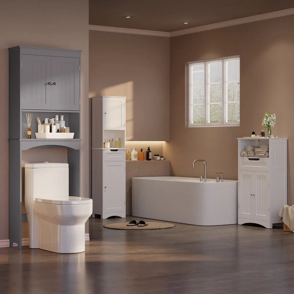Aiho 66.1" over the Toilet Storage Cabinet with Adjustable Shelf and Open Storage Shelf, Freestanding - White