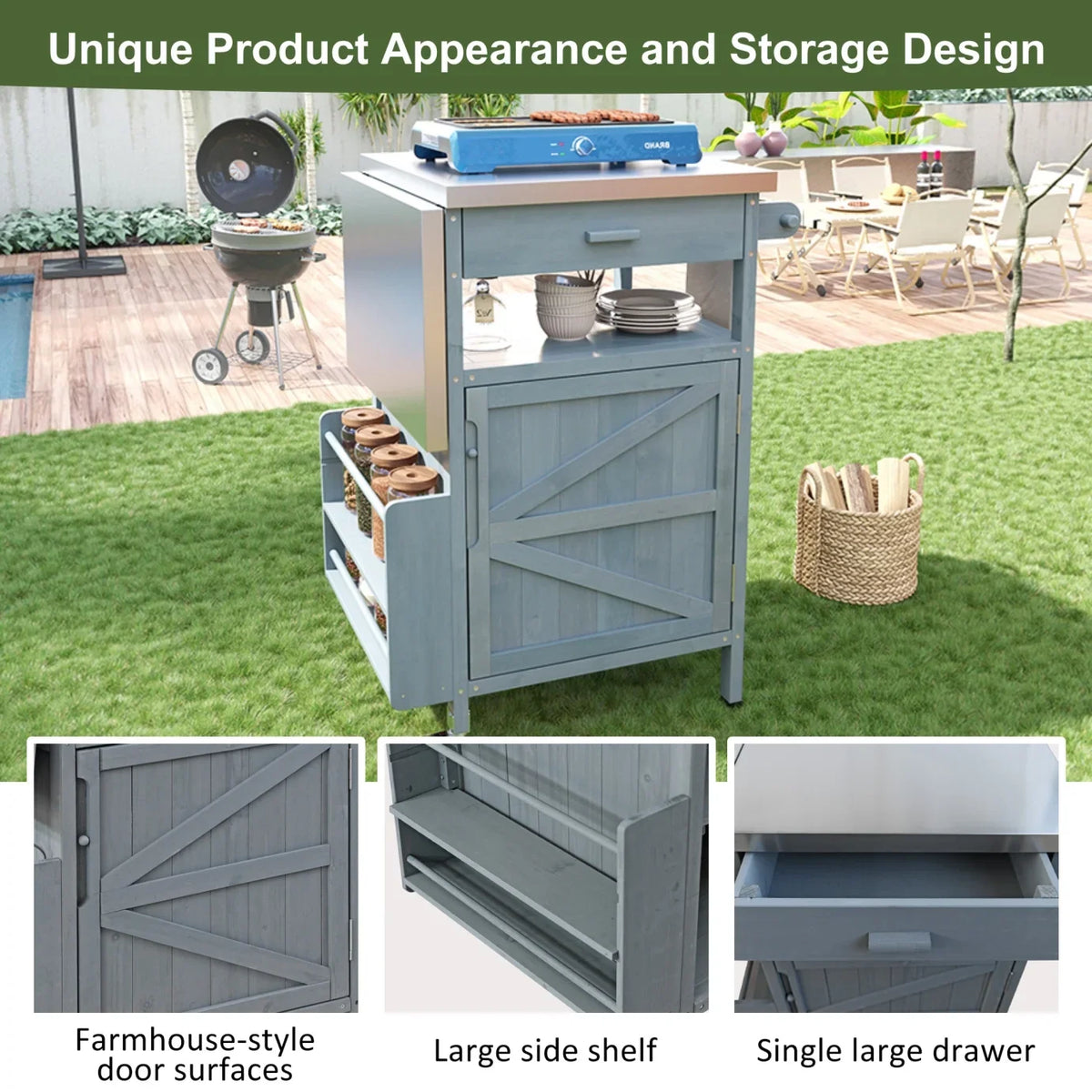 Solid Wood Outdoor Kitchen Island with Drop Leaf, Grill Table with Stainless Steel Table Top, Outdoor Bar Cart & Storage Cabinet with Lockable Wheels, Drawer, Spice Rack, Blue Grey