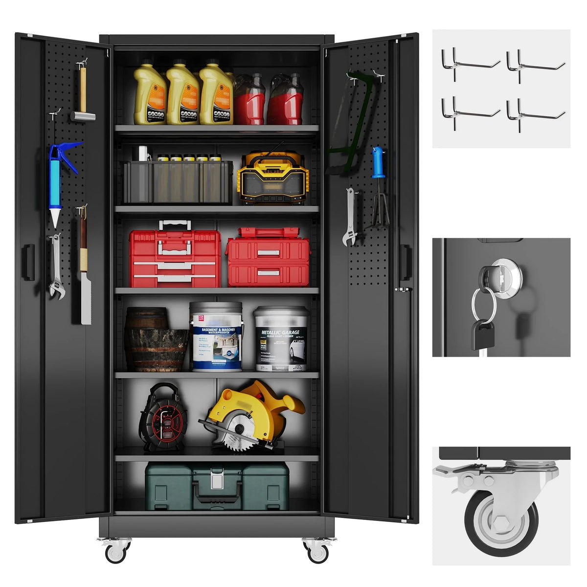 GangMei 71 inches Tall Metal Rolling Garage Storage Cabinets with Locking Doors and 5 Adjustable Shelves, Metal Storage Cabinet for Garage, Office, Home, Classroom, Assemble Required(Black)