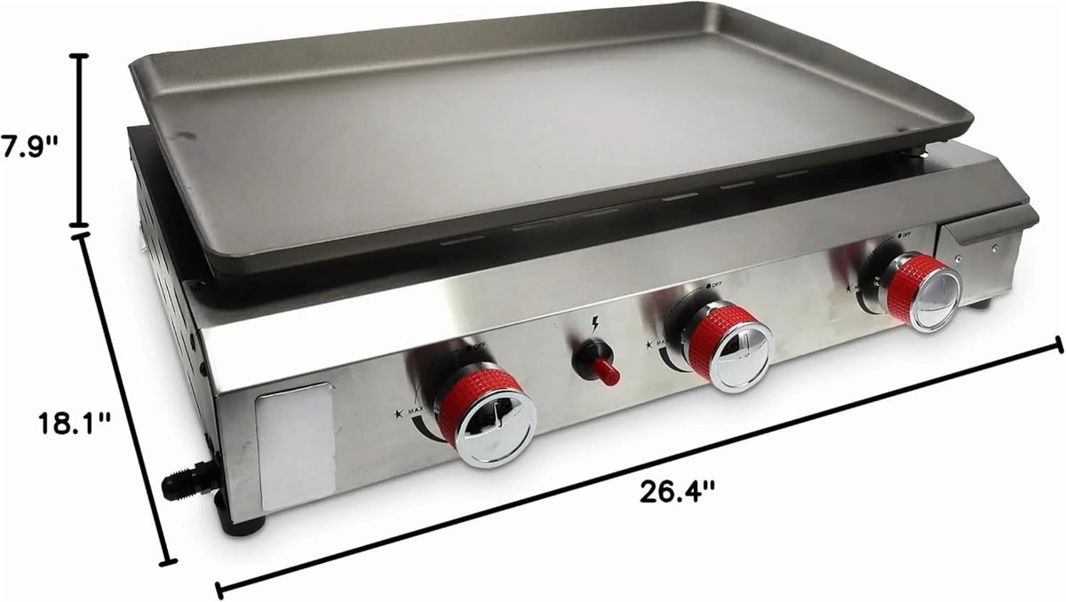 26 In Flat Top Gas Grill with 3 Burners �C Auto Ignition Propane �C Premium Stainless Steel Body Tabletop with Pre Season