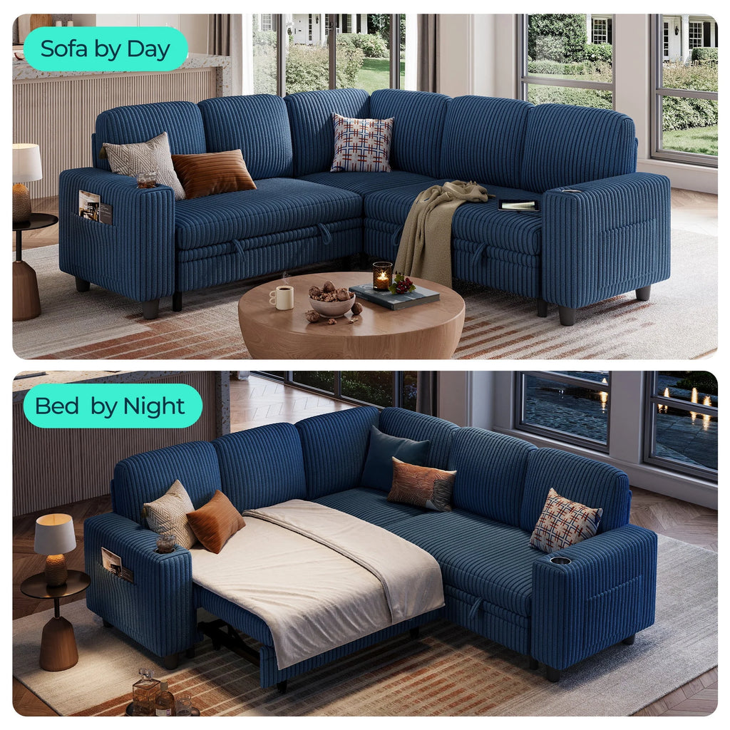 Linsy Home Storage Sectional Sleeper Sofa with Pull Out Bed, 9 Seat Modular Sectional Sofa with with USB & Cup Holder, Plush Corduroy Sectional Couches for Living Room, Green
