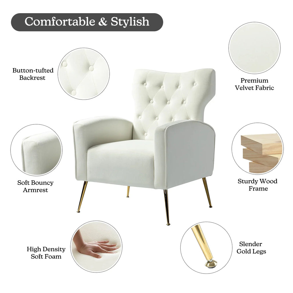 Modern Velvet Accent Chair Upholstered Sofa Armchair Button Tufted Metal Legs Adult Bedroom Home Living Room Grey