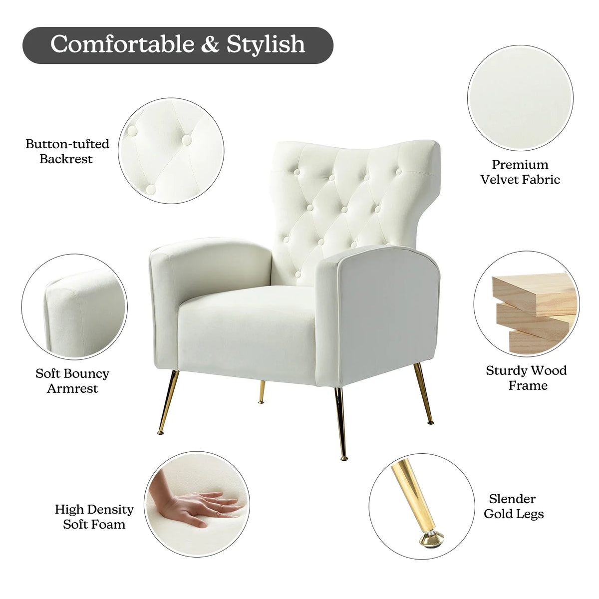 Modern Velvet Accent Chair Upholstered Sofa Armchair Button Tufted Metal Legs Adult Bedroom Home Living Room Grey